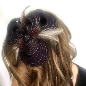 Handmade delicate felt and feather fascinator headband deep purple pink dot